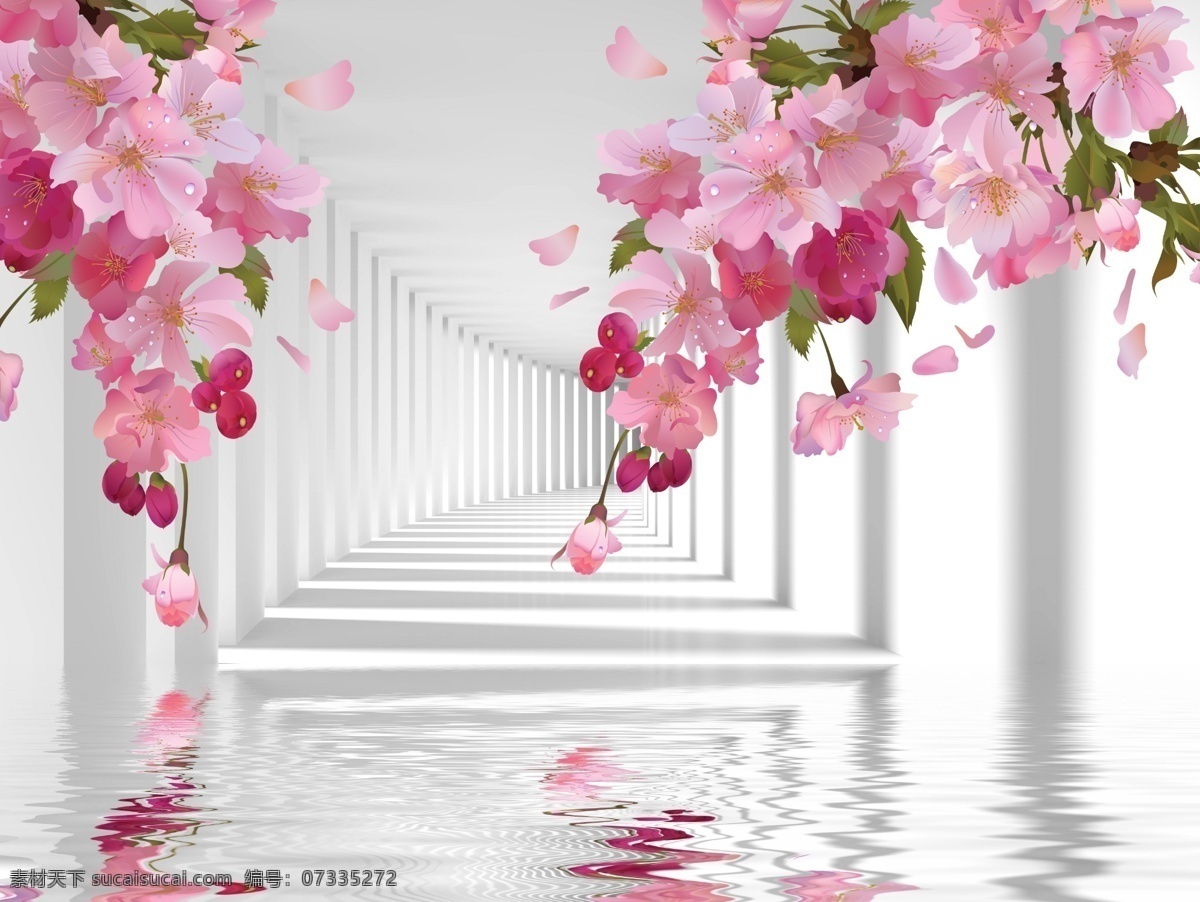 3d 电视 背景 墙 立体空间 花朵 樱花 桃花 走廊 倒影 富贵花开 立体背景墙 室内背景墙 背景墙 客厅背景墙 壁画 墙纸 壁纸 3d背景 立体 现代 电视墙 梦幻 创意 空间 装饰画 3d立体空间 电视背景墙 3d背景墙 分层 白色