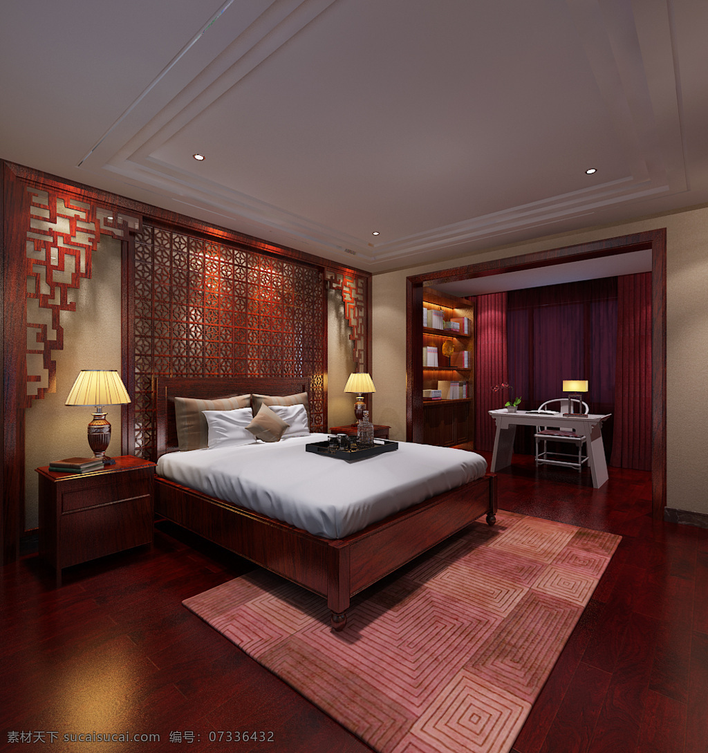 室内 卧室 中式 豪华 装修 效果图 红色实木地板 红木家具 床 床头柜 老式 实木 造型 背景 墙