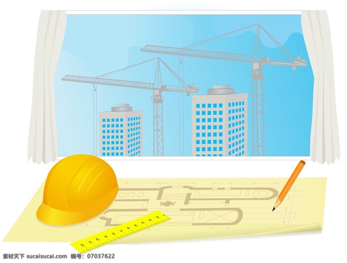 建筑 绘图 安全帽 塔吊 建筑绘图 绘图笔 绘图纸 矢量图 建筑家居
