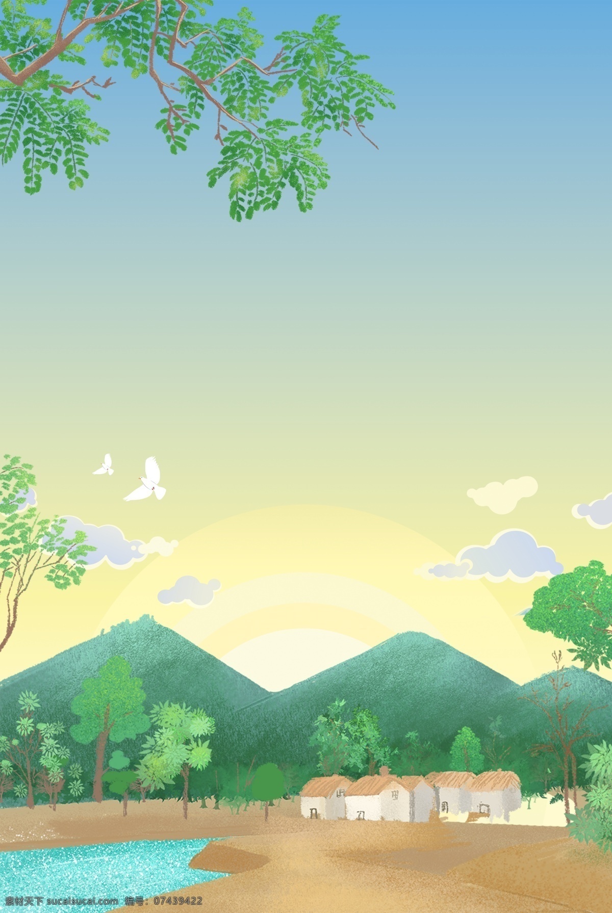 小清 新手 绘 林间 自然风景 扁平 卡通 简约 绿色 风景 树木 手绘 清新