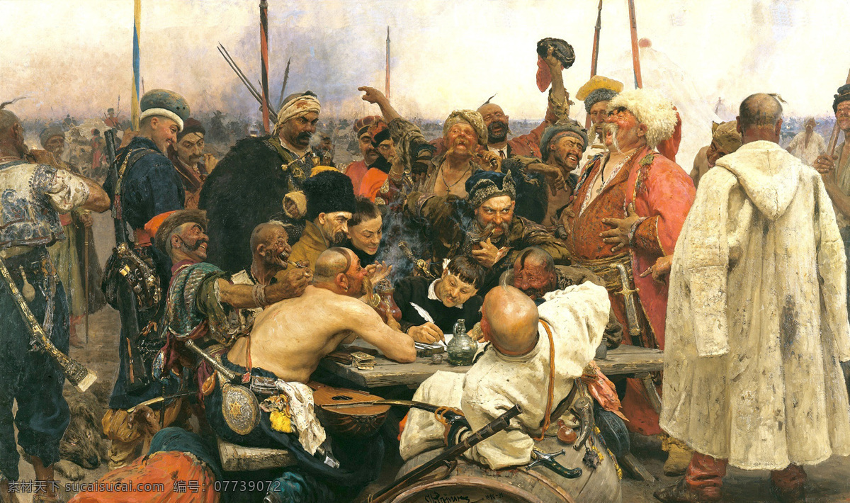 伊利亚 列宾 油画作品 扎波罗热 的哥 萨克 回复 奥斯曼 苏丹 穆罕默德 四世 来信 油画 1891年作 文化艺术 绘画书法 设计图库