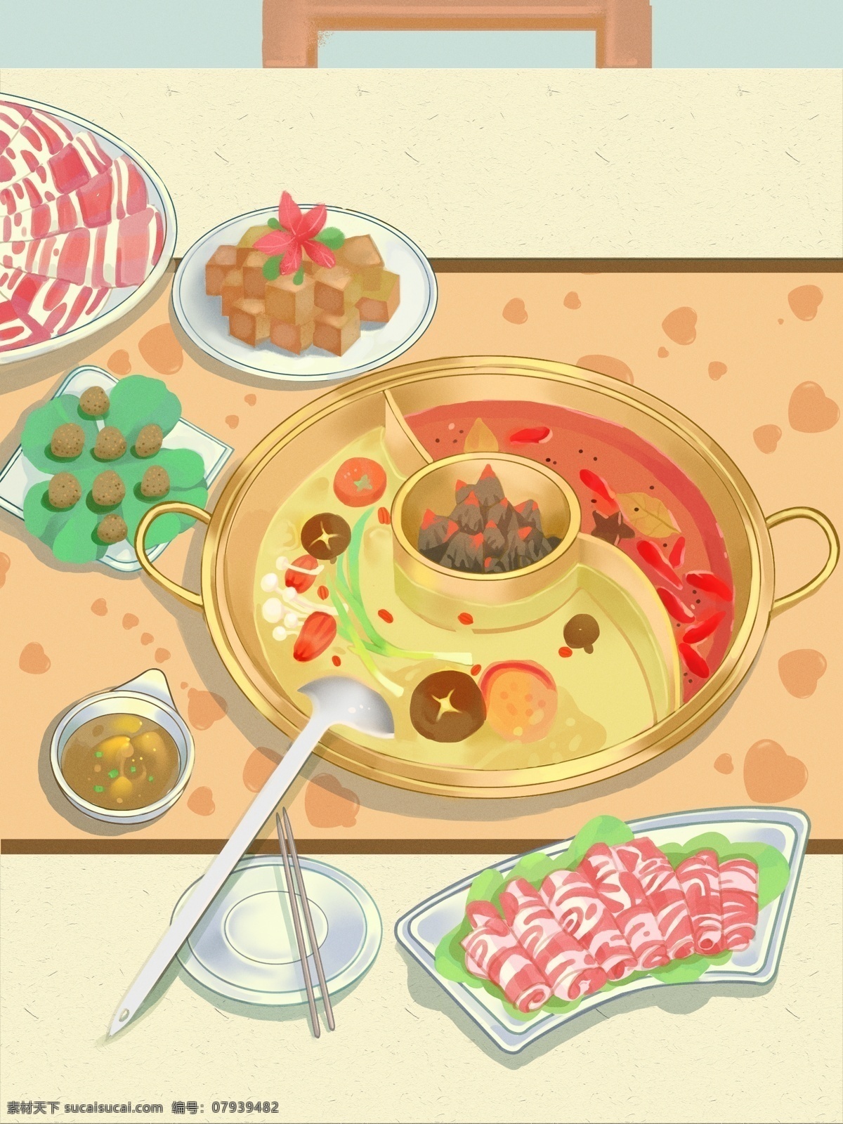 暖色 温馨 细腻 写实 火锅 插画 美食 豆腐 牛肉卷 鸳鸯锅 虾滑 香菇