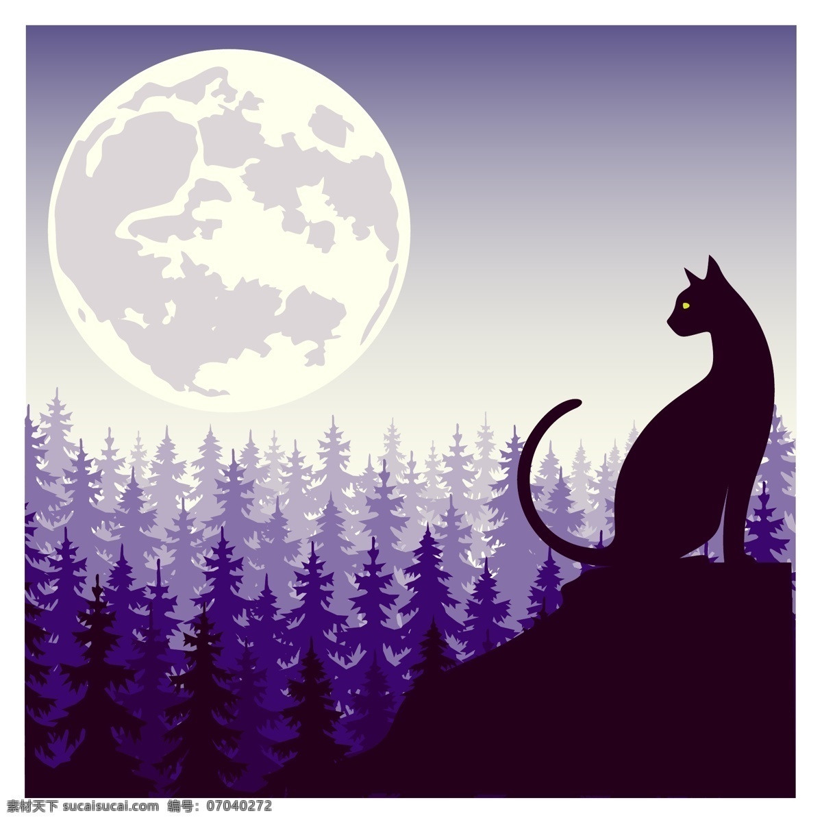 月光下的猫咪 动物 森林 紫色 夜晚 月亮 月光 猫咪 安静