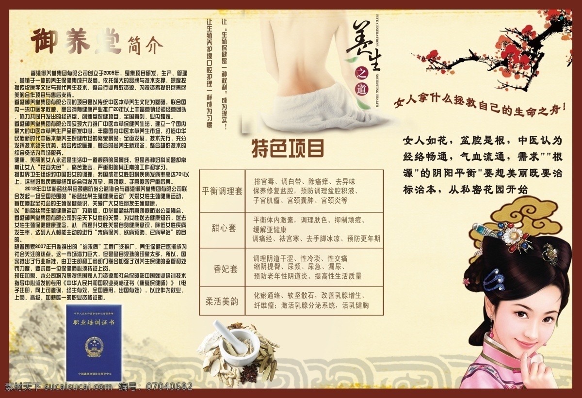 美容 养生 折页 广告设计模板 画册设计 梅花 美女 祥云 药材 艺术字 源文件 美容养生折页 其他画册封面
