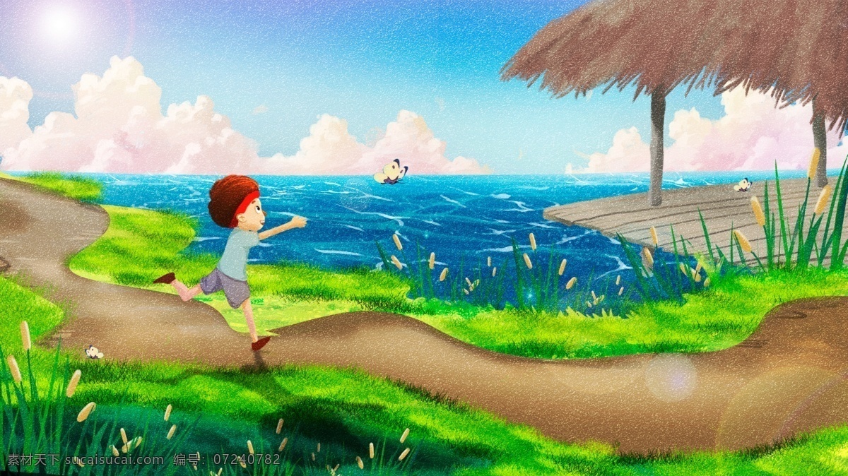 小 清新 立夏 户外 抓 蝴蝶 旅游 插画 春天 春暖花开 花丛 黄色花丛 花丛间 奔跑 女孩 两个女孩 奔跑的女孩 山脉 远山 蓝天 白云 插图 自然 自然风光 美丽 空气 自然风景