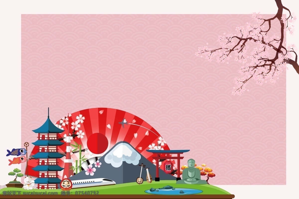 日本 樱花 富士山 背景 清新 浪漫 古典 古风 手绘 文艺 水墨 红日 日式
