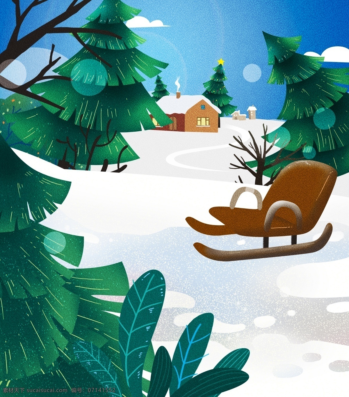 彩绘 圣诞节 雪地 树林 背景 圣诞马车 圣诞树 雪地背景 通用背景 psd背景 特邀背景 促销背景 背景展板图 背景图 创意