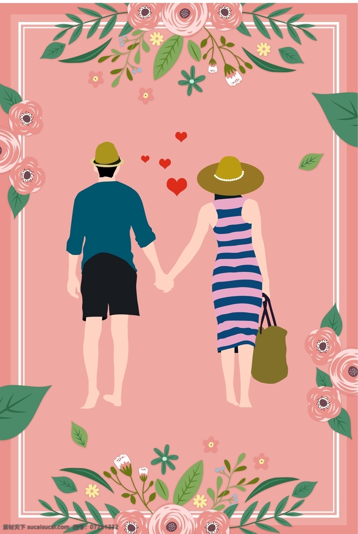 天猫 婚 博 会 情侣 花卉 海报 花丛中的新人 线条 边框 婚博会 粉色背景 卡通 绿植 手绘 新人 结婚