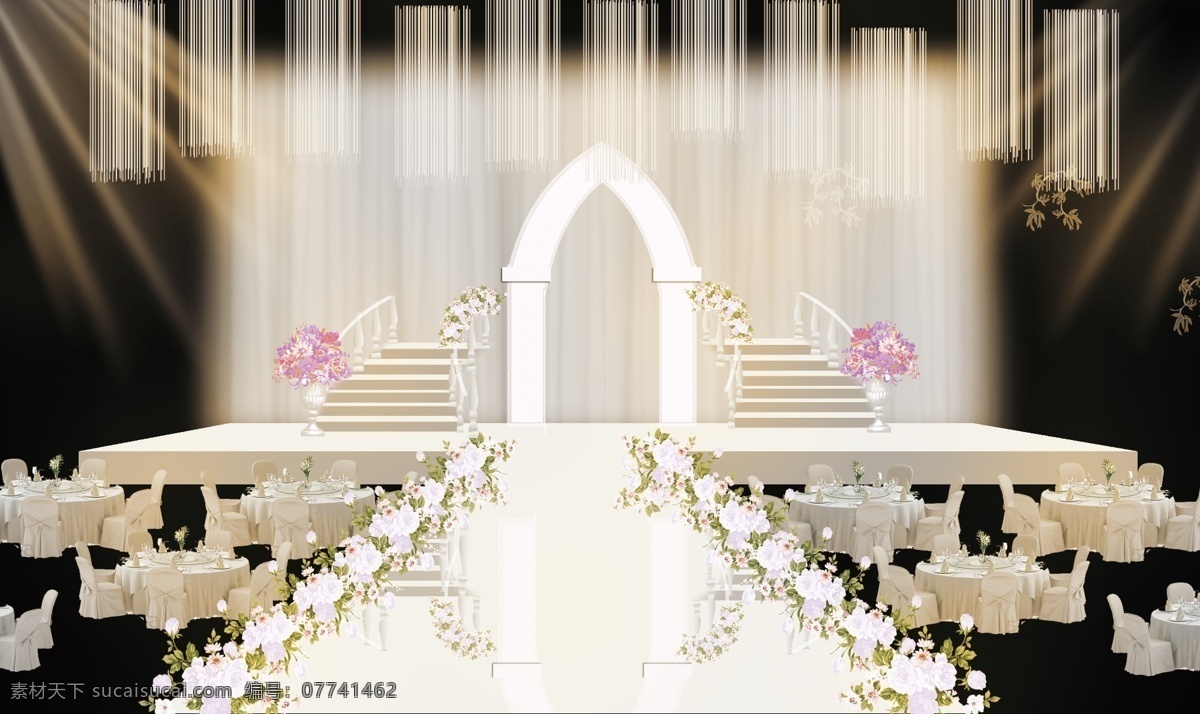 浪漫 白 绿色 婚礼 效果图 灰色 温暖 城堡 弧形 灯光 扶手 线帘吊顶 森系 桌椅 纱幔 镜面地毯