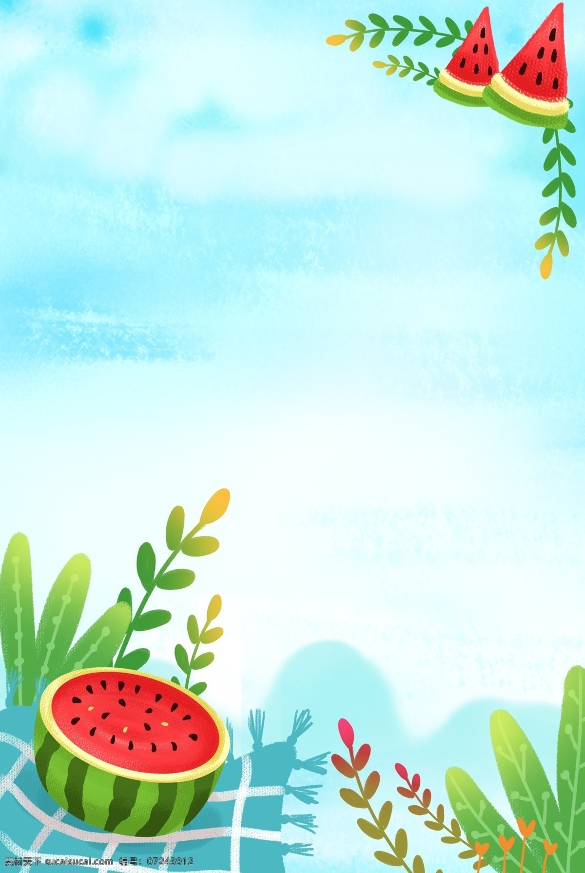 小 清新 简约 夏季 西瓜 植物 边框 海报 背景 小清新 夏天 立夏 夏至 24节气 广告背景