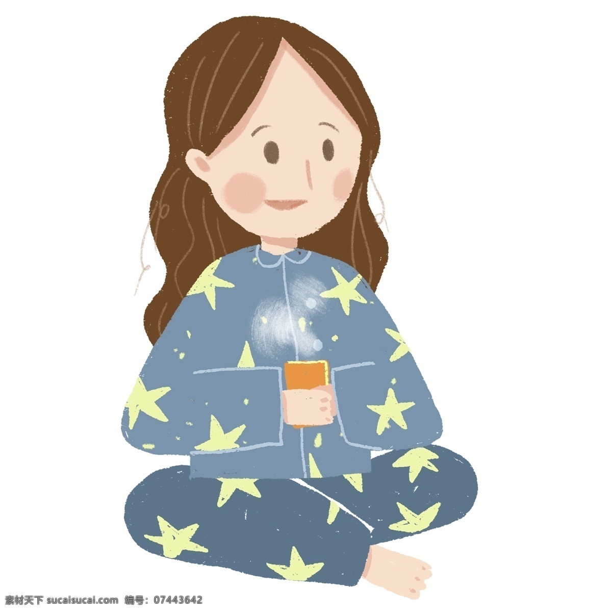 手绘 小 清新 穿着 睡衣 喝茶 女孩 商用 元素 小清新 晚安 插画