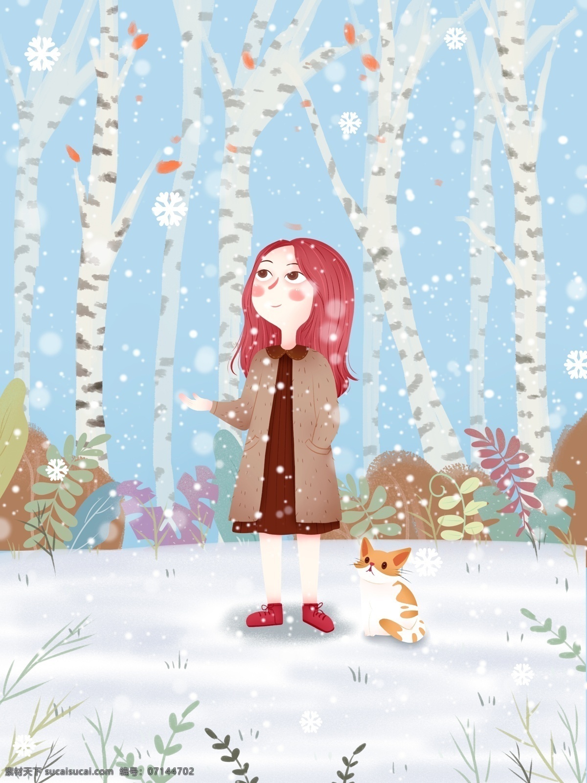 十二月 你好 小女孩 插画 雪花 雪地 清新 唯美 2月你好 下雪 喜欢 飘雪