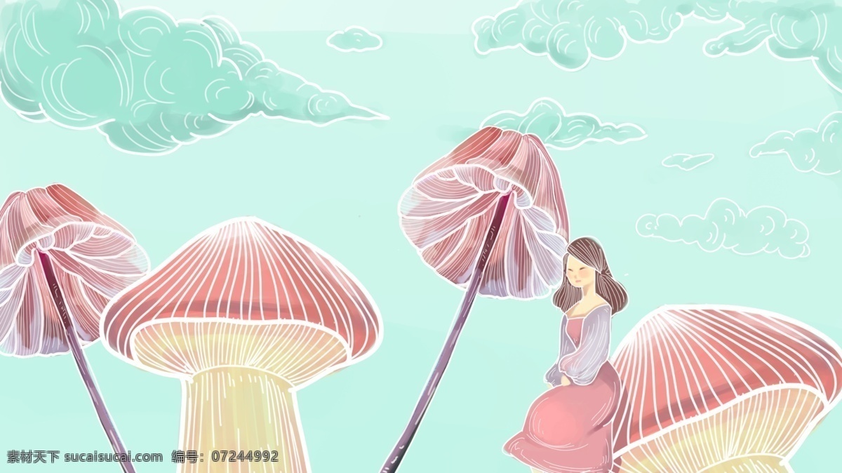 二十四节气 处暑 坐在 蘑菇 上 女孩 清新 夏日