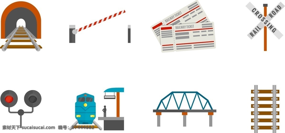火车 交通 出行 相关 卡通 隧道 桥 矢量素材 火车道 拦路竿 火车票 红灯