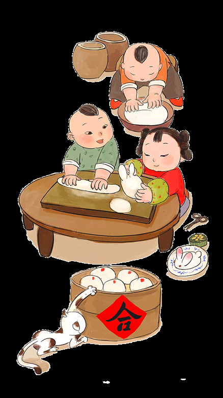 卡通 除夕 年夜饭 包饺子 除夕团圆 传统节日 春节 大年三十 过年 过年团圆