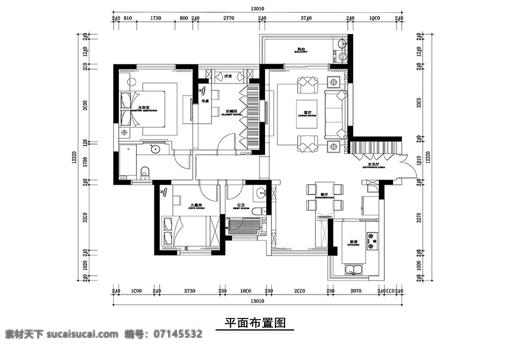 大气 三室一厅 家装 平面 布置图 室内 卧室 客厅 厨房 室内装饰 平面布置 cad