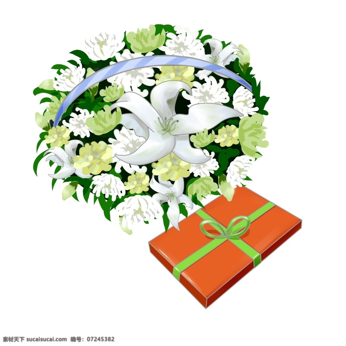 清明节 花篮 礼盒 清明节花篮 白色的鲜花 绿色的叶子 橙色的礼盒 绿色的蝴蝶结 蝴蝶结装饰