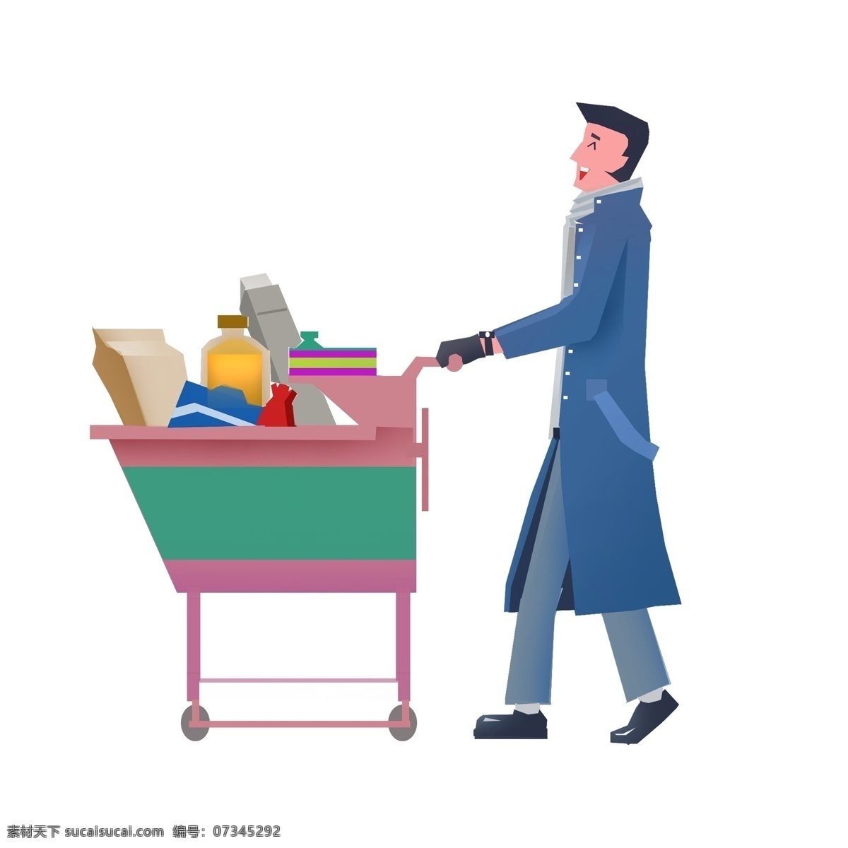 手绘 商用 购物 人物 购物车 商品 蓝色 可商用