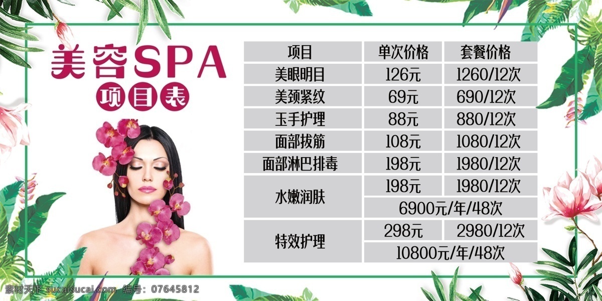 价格表 美容 spa 养生 护肤 护理 理疗 美女 简约背景 共边 植物边框 花朵 玉兰 边框 分层