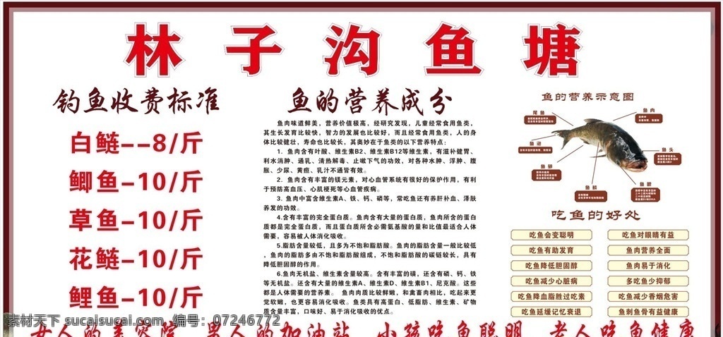 鱼塘 鱼池 垂钓 须知 通知 注意事项 提示 价目表 价格 白鲢 鲫鱼 草鱼 花鲢 鲤鱼 鱼的营养成分 营养示意图 吃鱼的好处 女人的美容院 男人的加油站 小孩吃鱼聪明 老人吃鱼健康