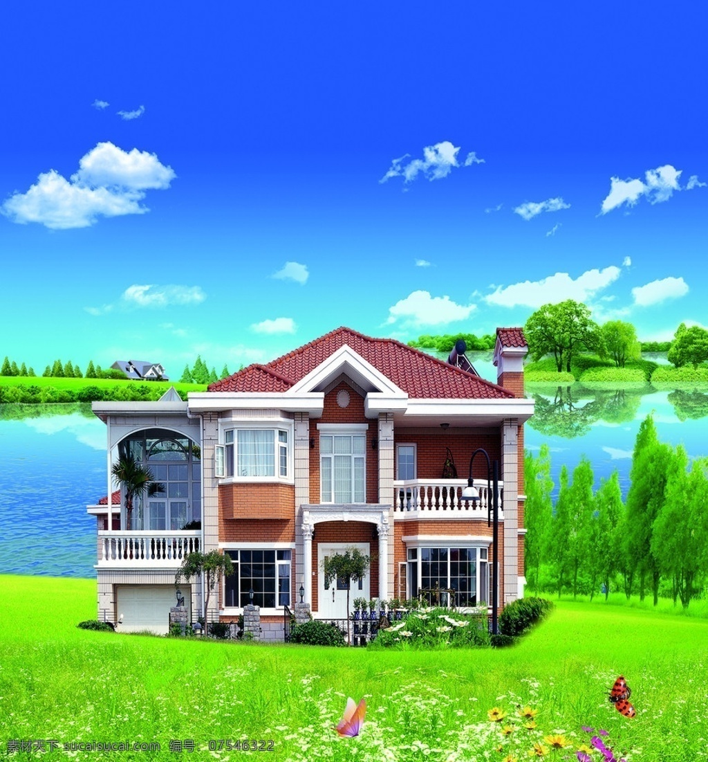 壁画 相馆壁画 欧式别墅 房子 树木 花 天空 背景 房地产广告 风景画 蓝天白云 森森 树林 楼房 风景 分层 源文件