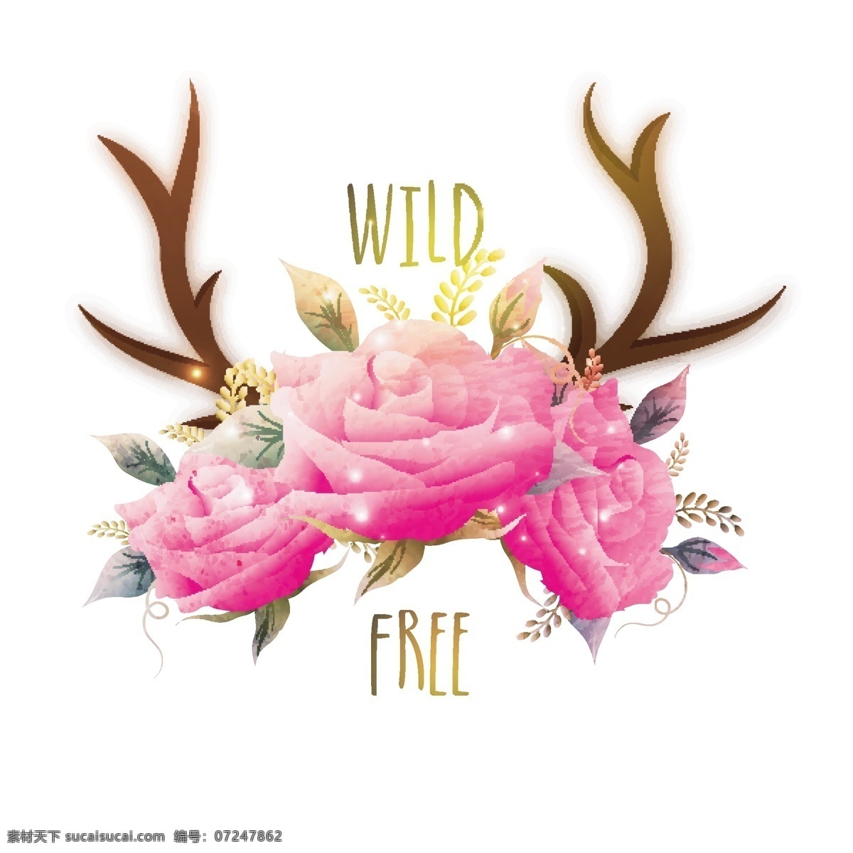 光滑 粉红色 玫瑰花 鹿角 创意 波希米亚 风格 插图 图案 花卉 水彩 请柬 抽象 卡片 树叶 时尚 自然 水彩花 玫瑰 花卉图案 春天 艺术 鹿