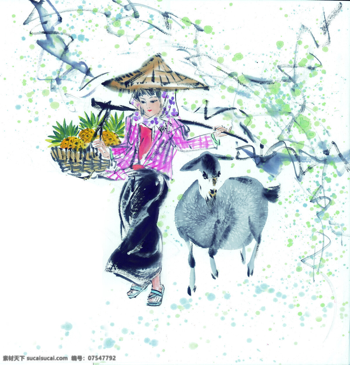 水墨 少女 菠萝 高清 国画 绘画 美女 鲜花 艺术 源文件 中国画 家居装饰素材 壁纸墙画壁纸