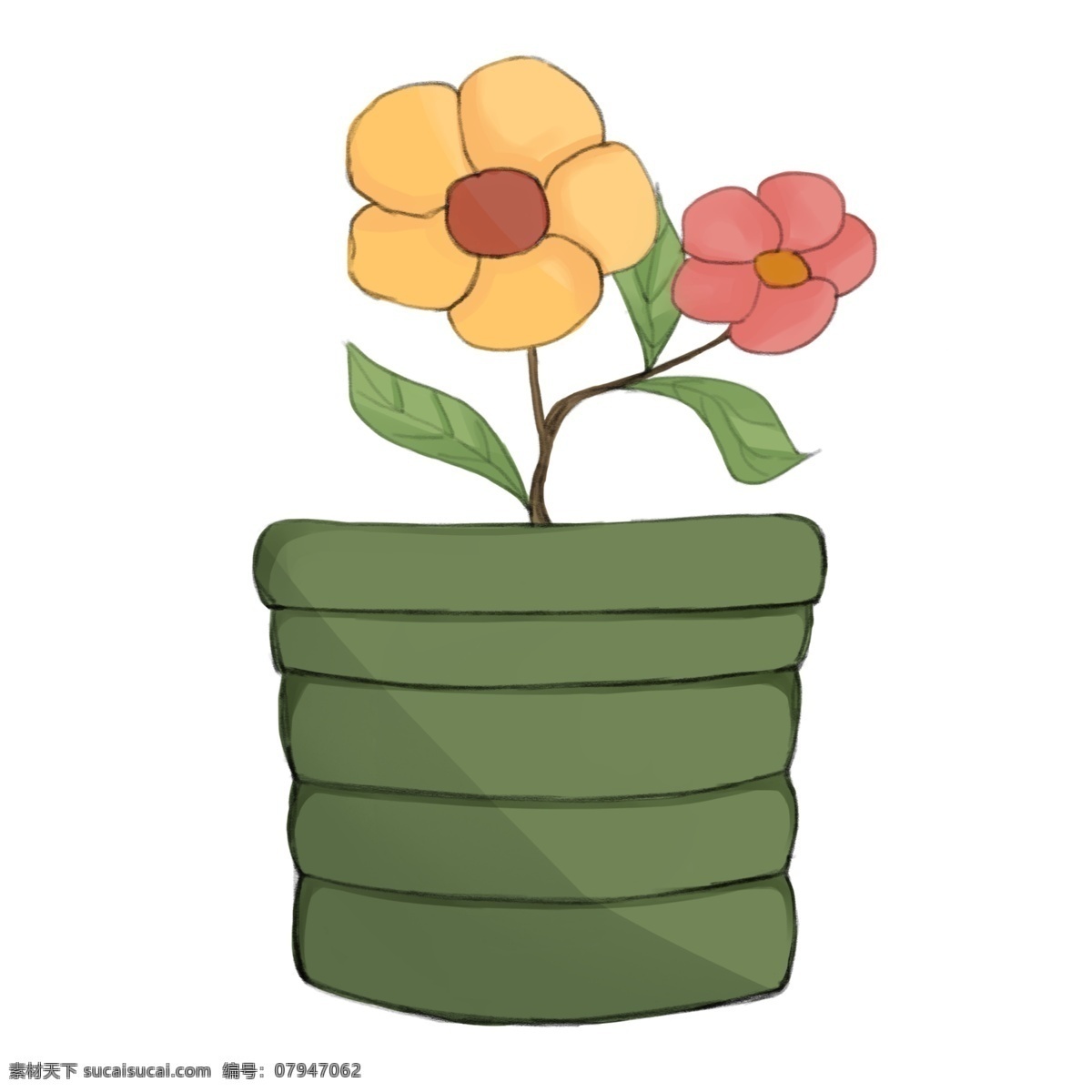 卡通 绿色 花盆 插图 黄色花瓣 红色花瓣 花瓣插图 创意花瓣 植物花瓣 绿色花盆 盆栽设计 绿色叶子