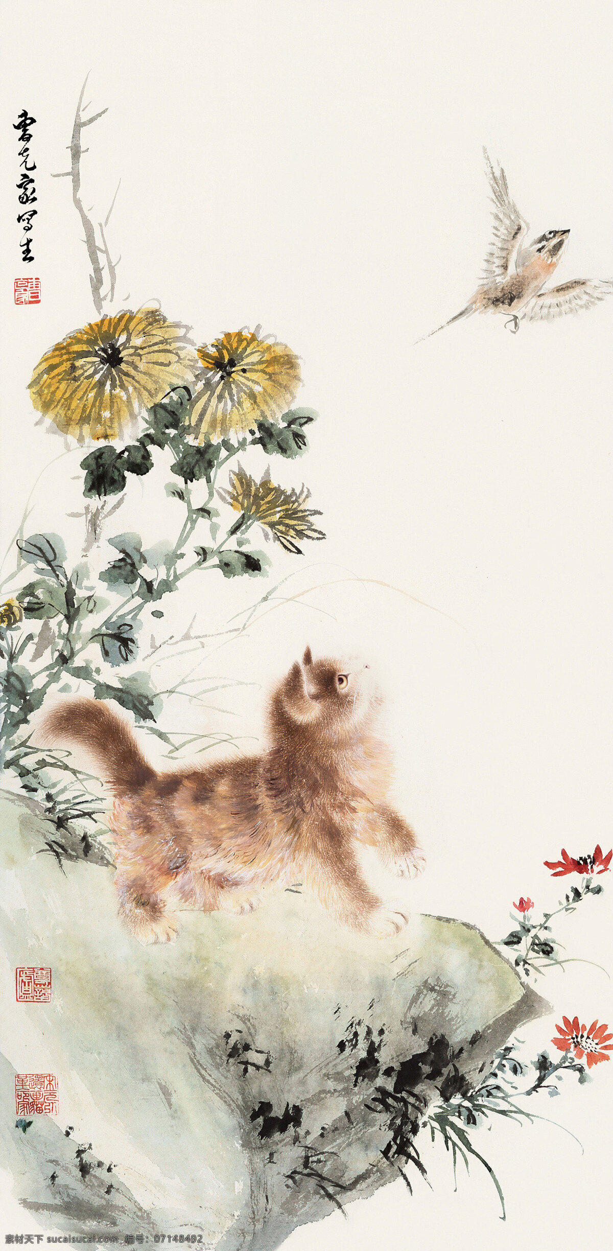 猫趣图 曹克家作品 菊花下 奇石上 一只小黄猫 惊飞麻雀 中国古代画 中国古画 绘画书法 文化艺术