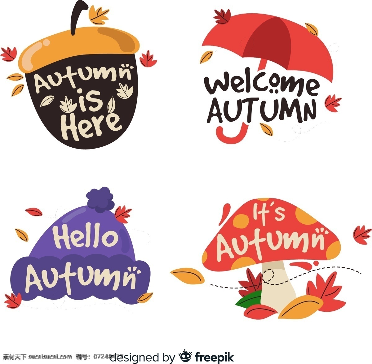 4款彩色秋季 艺术字标签 树叶 橡子 雨伞 毛线帽 蘑菇 风 autumn 彩色 秋季 艺术字 标签 矢量图 ai格式 图标