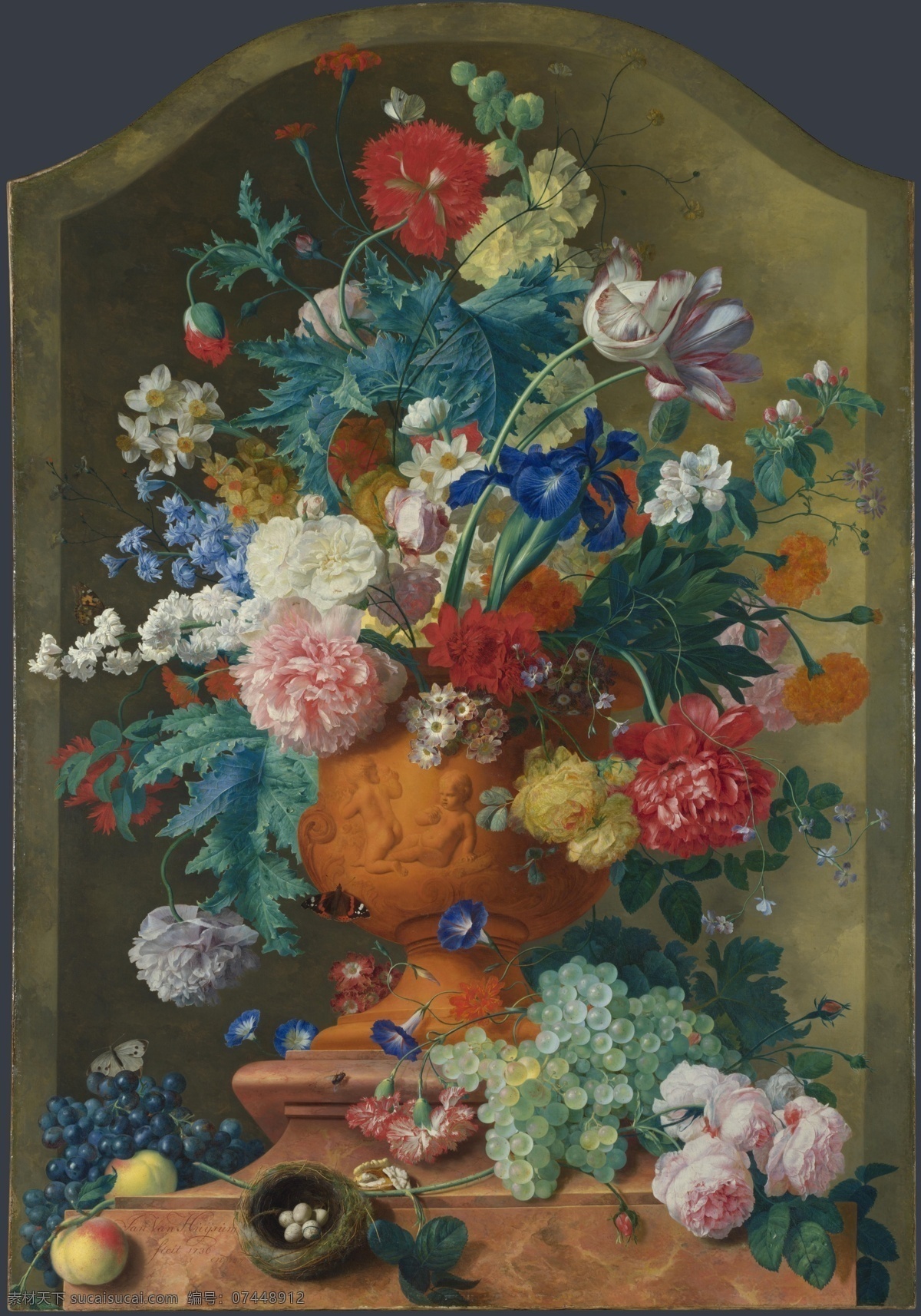 vase 花卉 水果 蔬菜 器皿 静物 印象 画派 写实主义 油画 装饰画 terracotta in flowers huysum van jan 荷花 玫瑰 百合 鲜花 实物 装饰素材