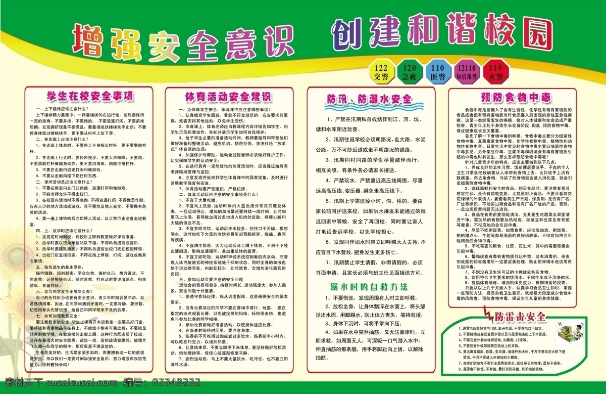 增强安全意识 学校 安全 模板 学生在校安全 体育课安全 防汛 防溺水 预防食物中毒 绿色底图 学校安全 学生安全 创建平安校园 展板模板 广告设计模板 源文件