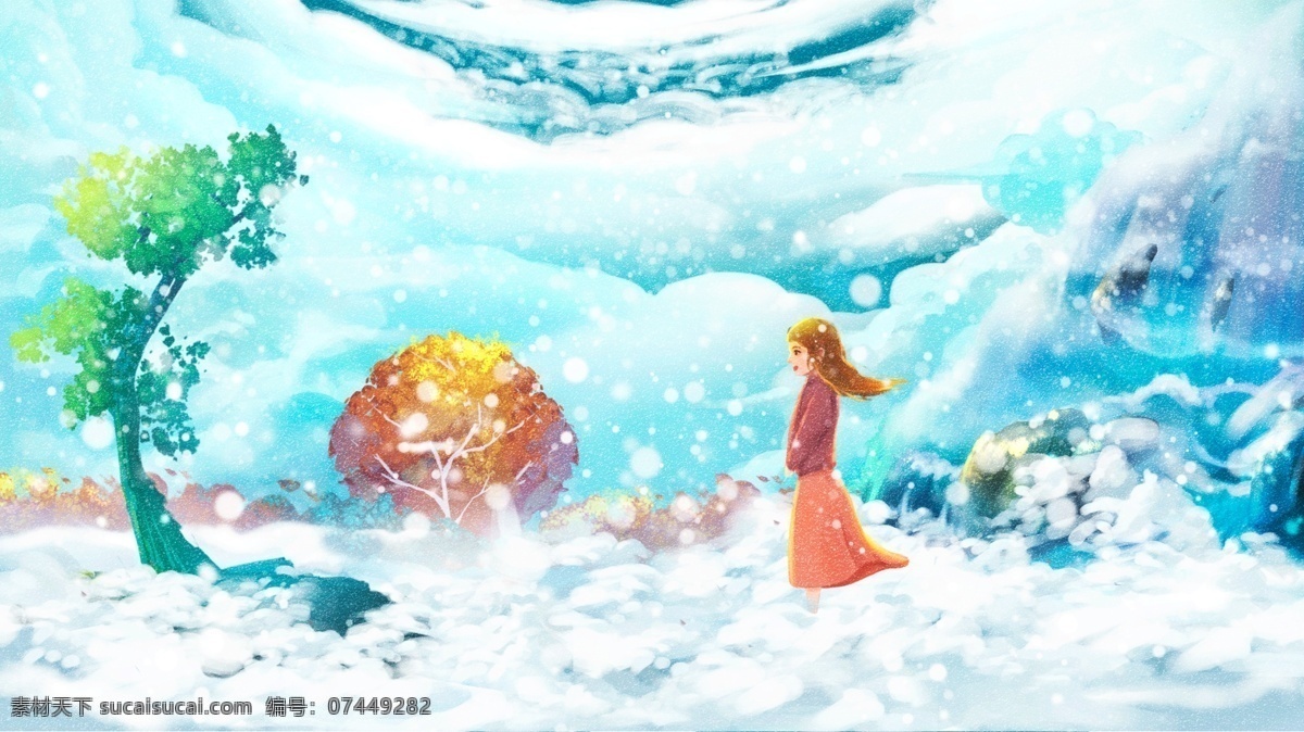 清新 唯美 冬天 你好 雪景 冬季 插画 壁纸 电商 冬天雪景 冬天你好 手机配图 海报 唯美冬季
