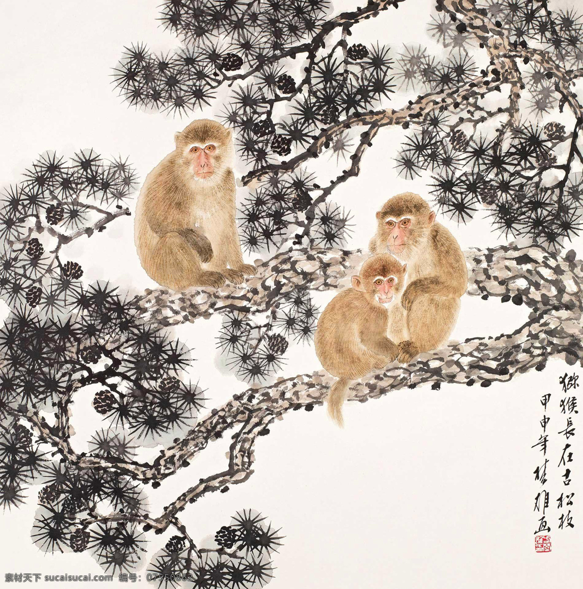 猕猴 长 古 松枝 方楚雄 国画 古松 写意 水墨画 中国画 绘画书法 文化艺术