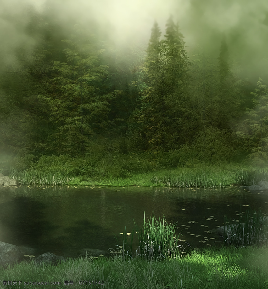 烟雾 缭绕 河边 高清 草地 湖边 绿色 梦幻河边