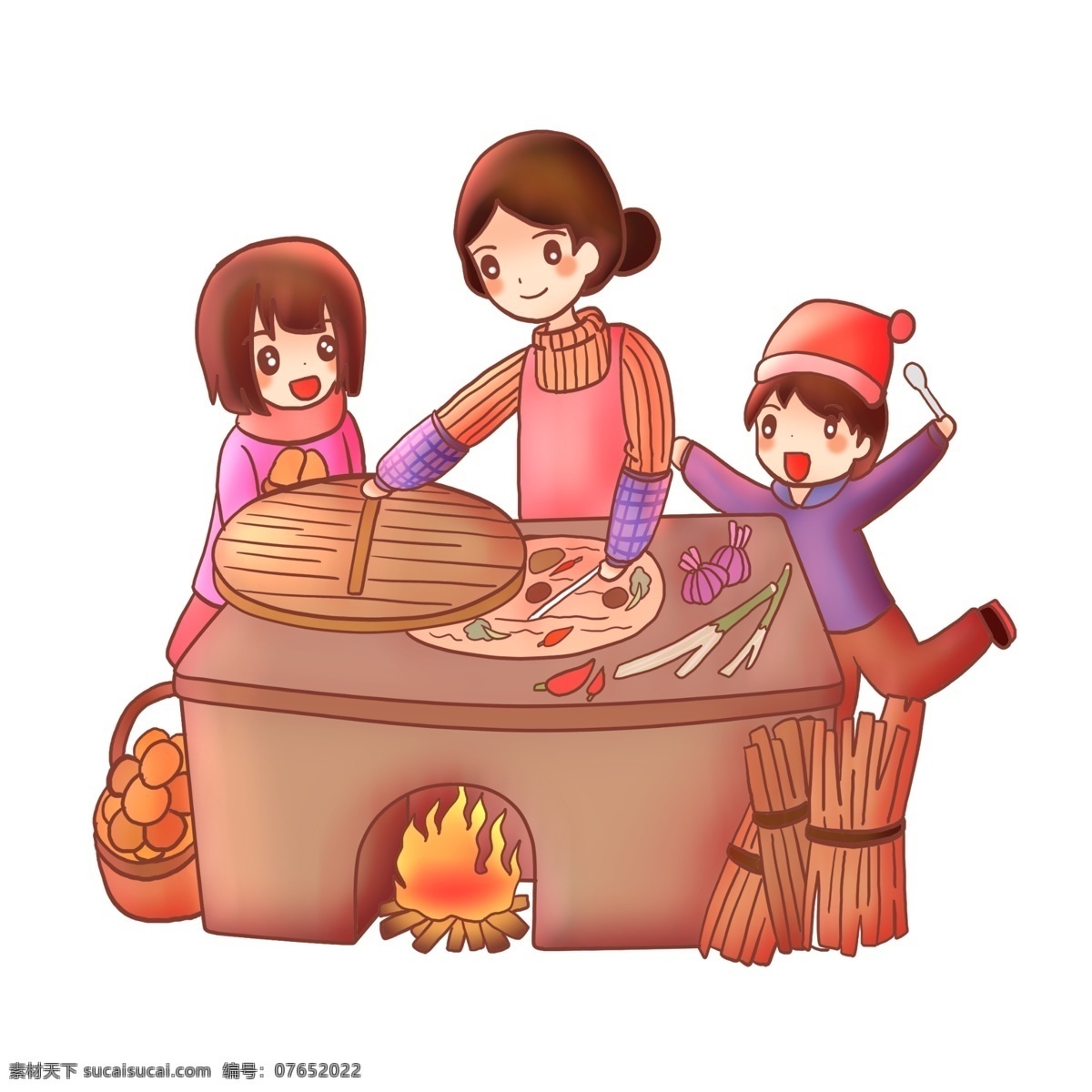 2019 团圆 做饭 辣椒 橘子 元旦 温暖 可爱 新年 猪年 做菜 葱 洋葱 拜年 团聚 开心 暖色 卡通手绘