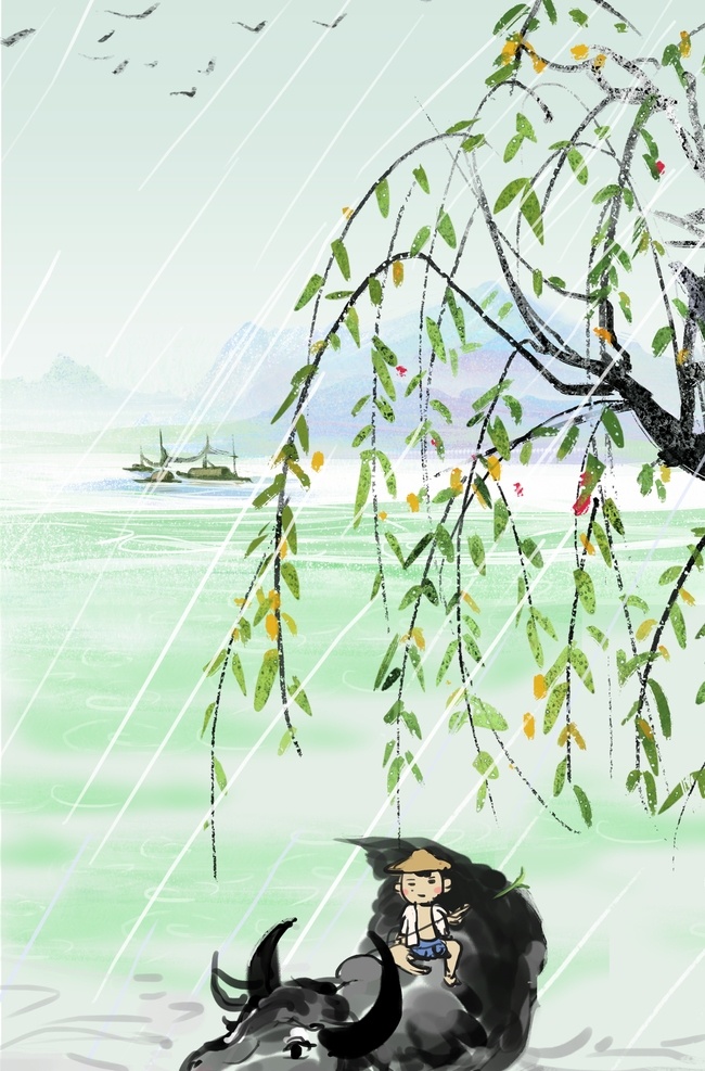 传统 国画 风景 图案 柳树 牧童中式 中国风 水墨 淡色 禅意 山水 装饰画素材 背景墙 海报素材 海报背景 绘画 文化艺术 绘画书法