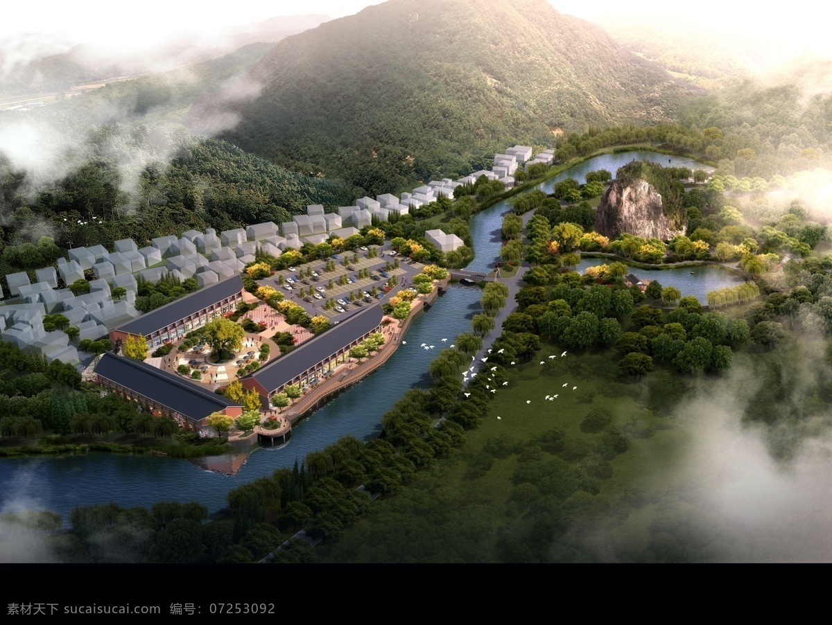 建筑鸟瞰 大鸟瞰 3d效果图 建筑 石材 玻璃 栏杆 杆件 下班体 山体 河水 白鸽 天空 效果图 3d设计 室外模型 黑色