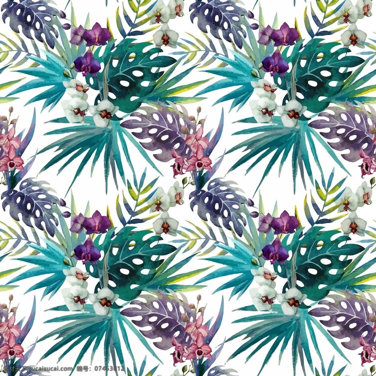四方连续 水彩 矢量图 热带 热带花卉 植物 免费 底纹边框 背景底纹