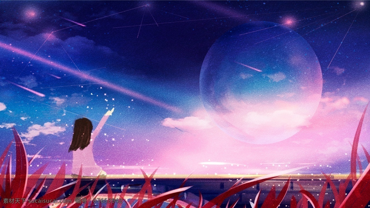 看 流星 女孩 卡通 背景 红色 花叶