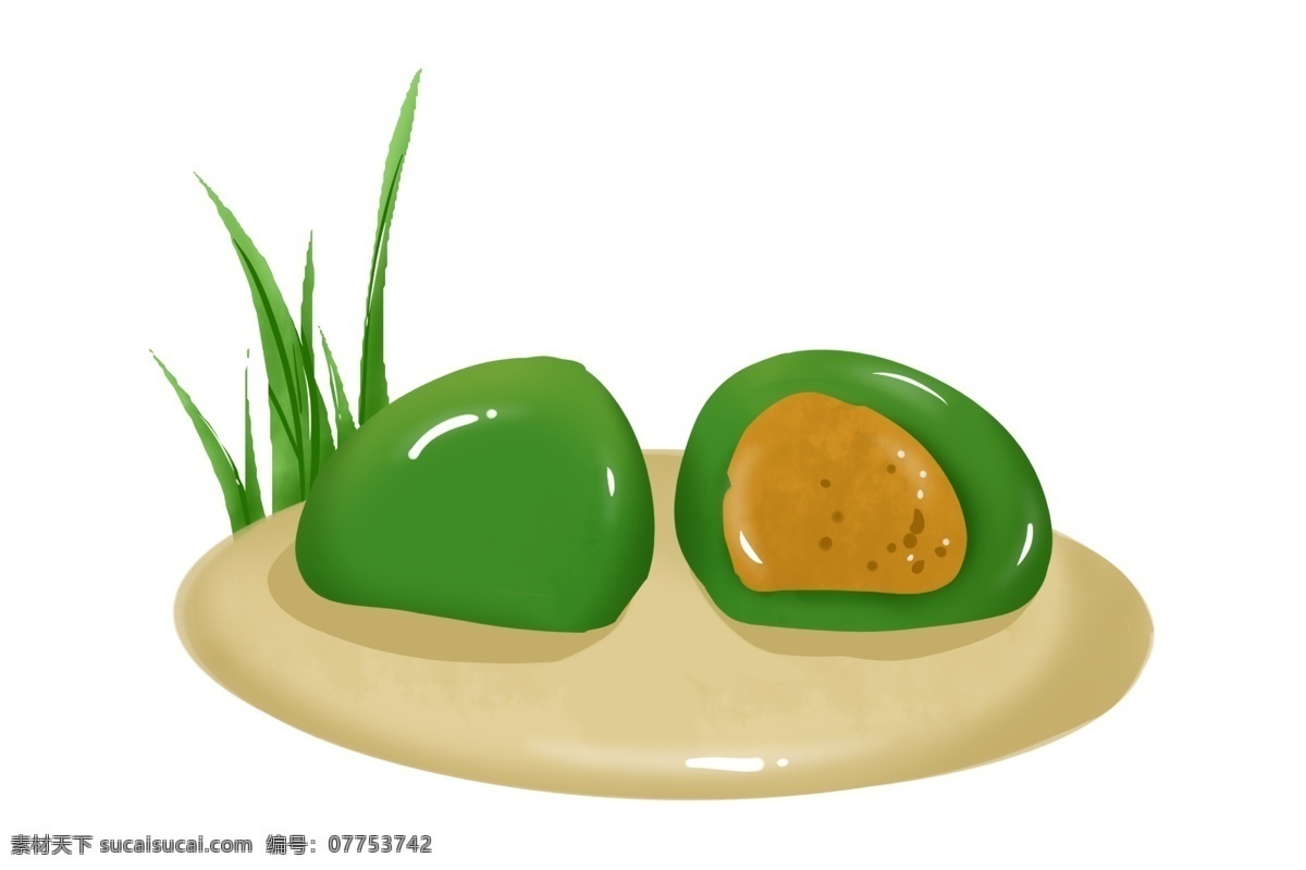 一对 绿色 青 团子 插图 白色盘子 圆形盘子 绿色青团子 透明的青团子 清明节食物 青团子食物 绿色小草