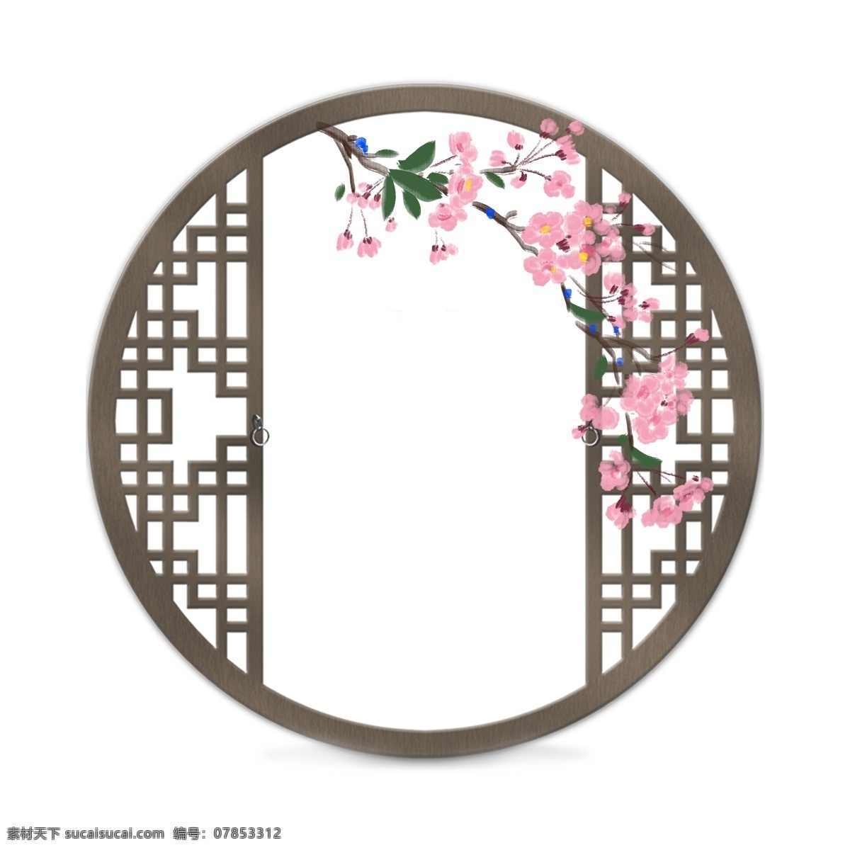 窗外 粉色 杏花 边框 插画 窗外美景 窗外杏花 杏花枝 绿色的叶子 窗格 粉色的杏花 复古窗户插画 带花窗户插画