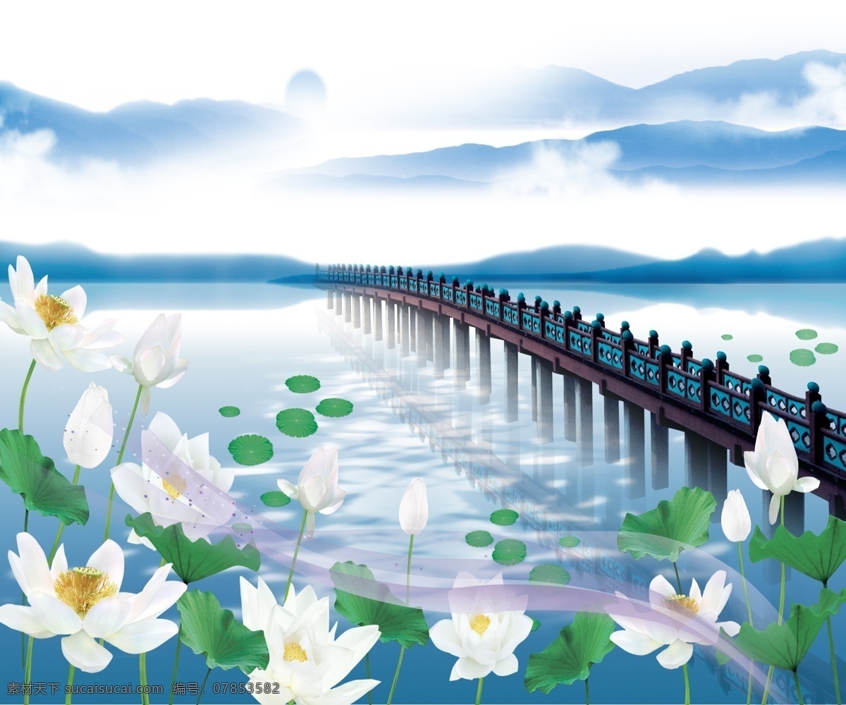 g049合层 玻璃画 玻璃贴 风景 广告设计模板 桥 仙境 移门图案 源文件 移门8 g049 分层 图 层 白色荷花 水 创美移门 装饰素材