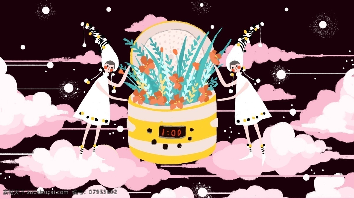 小 清新 治愈 童话 风云 朵 女孩 夜晚 晚安 花朵 小清新 云朵 星空 壁纸 童话风 粉色 电饭煲 背景 配图