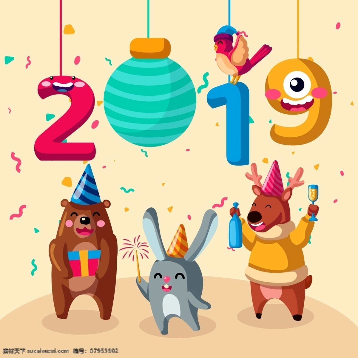 2019动物 创意2019 艺术2019 卡通2019 手绘2019 2019插画 矢量熊 矢量鹿 矢量小鸟 动物派对 喜庆节日元素 2019 新年 元素 卡通彩带飘带 动物 生物世界 野生动物
