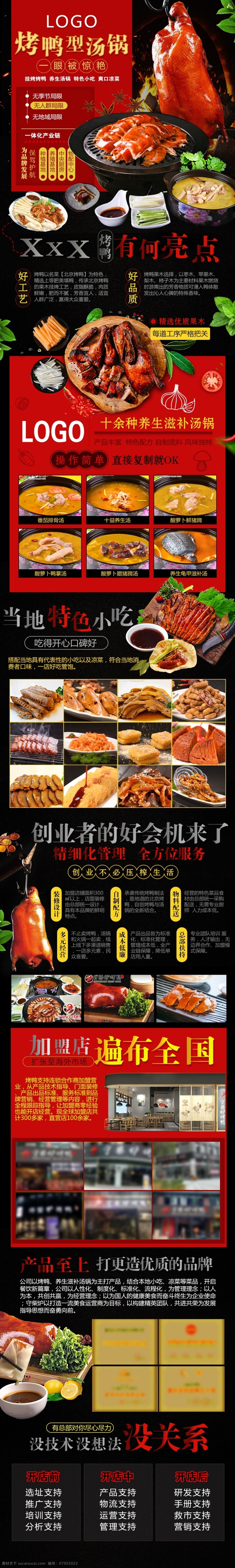 烤鸭 招商 页 模板 详情 红黑色 食物素材 板式设计 北京烤鸭 招商页 守柴炉烤鸭 烤鸭汤锅 一鸭两吃 果木碳烤