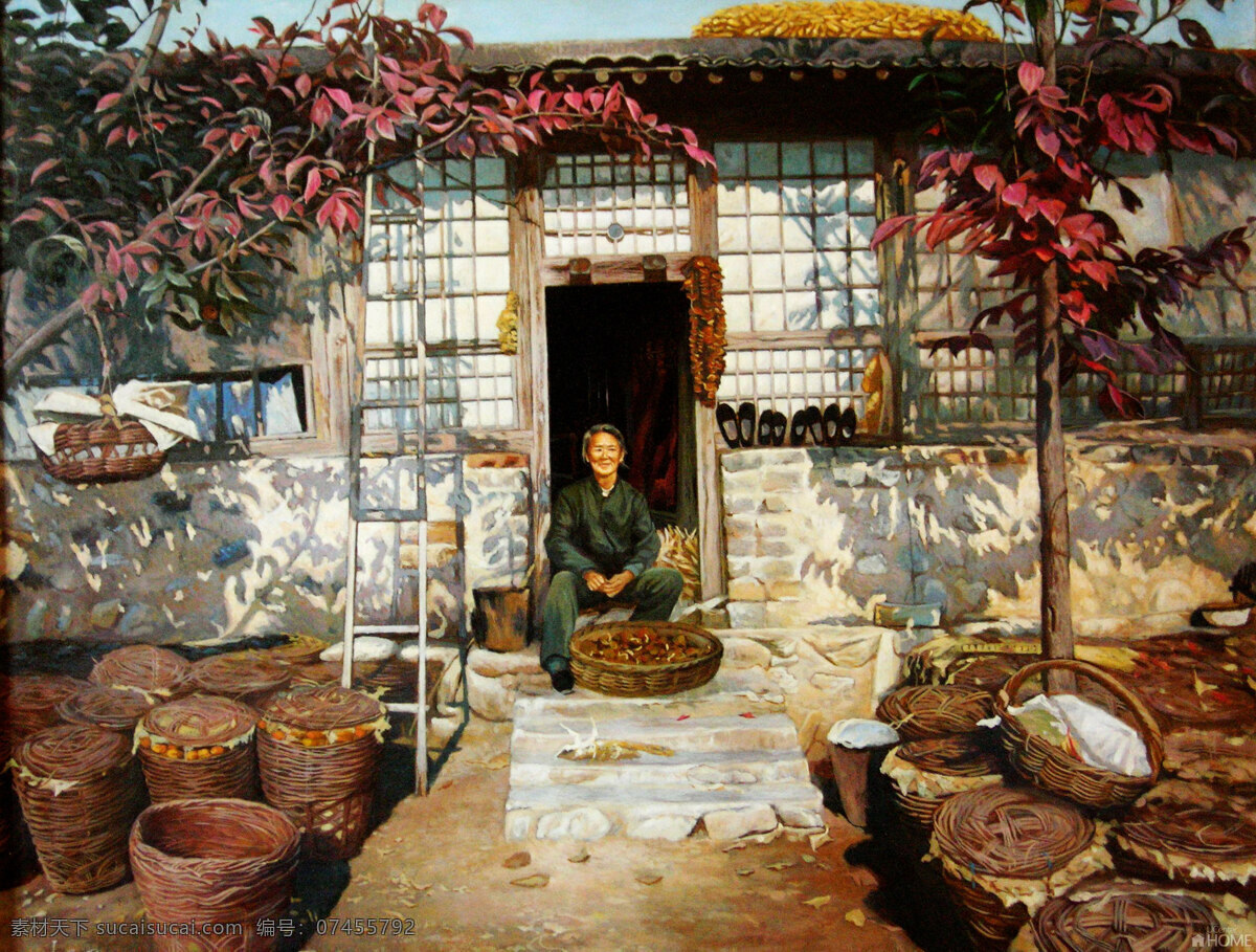 房屋 果树 果子 绘画书法 农家 女人 人物画 色彩画 油画 现代油画 农妇 乡村 院子 箩筐 油画作品 文化艺术 装饰素材