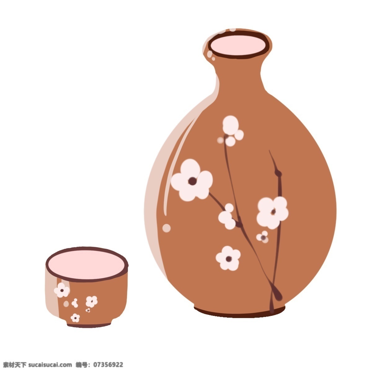 棕色 日本 清酒 瓶子 插画 棕色的瓶子 日本清酒 樱花花纹 卡通插画 日本酒水 日本特色 日本文化 酒杯