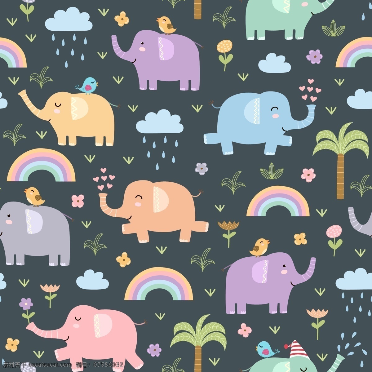 彩虹 彩色背景 创意背景 大象 花草背景 椰树 卡通 背景 图