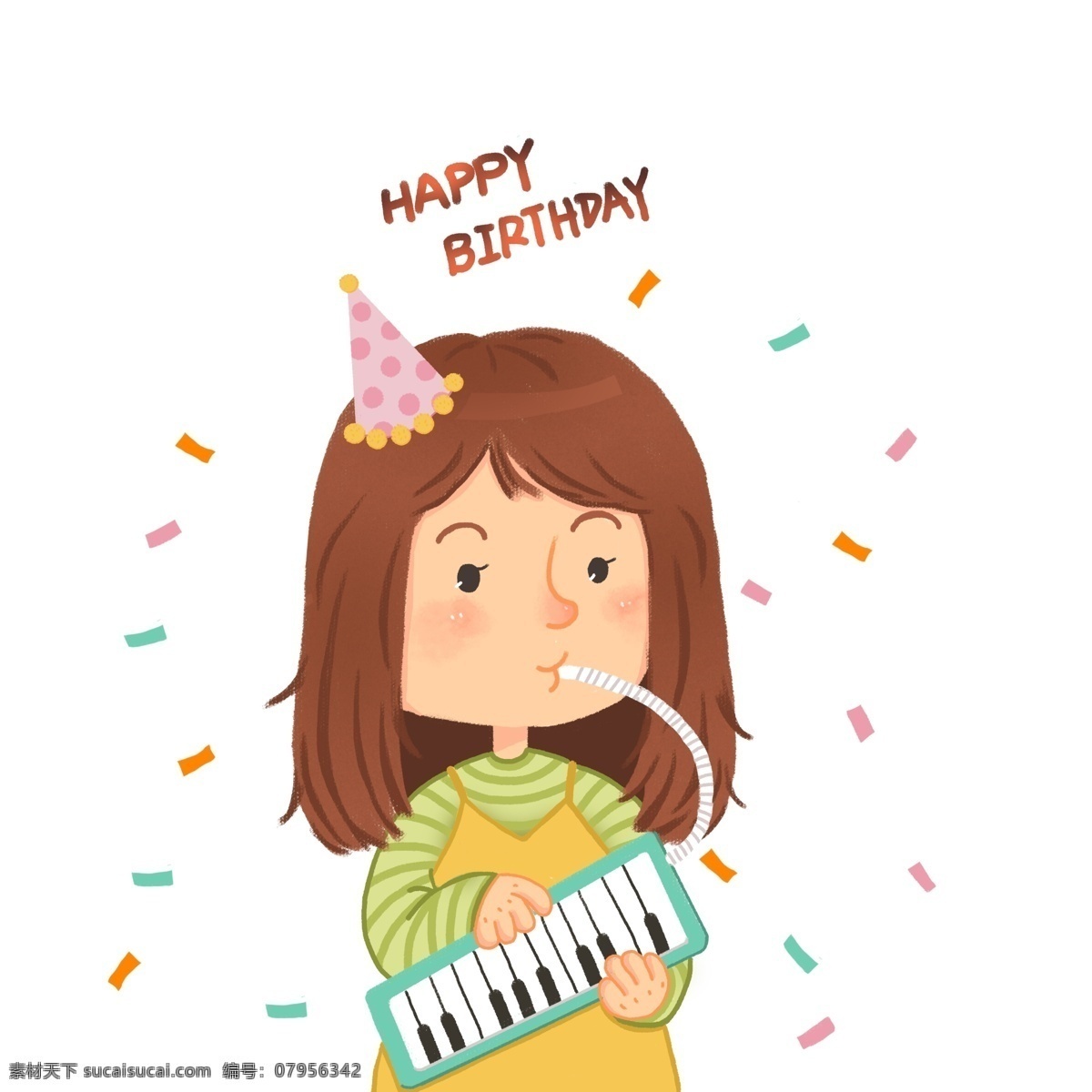 女孩 庆祝 生日 生日快乐 庆祝生日 生日帽 庆祝气氛 吹奏乐器 节日 电商用图 平面用图 公众号用图